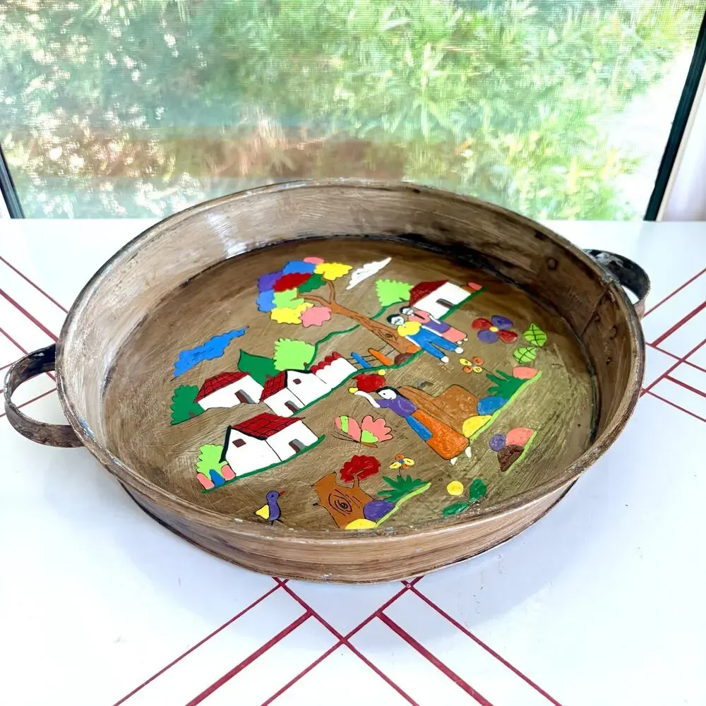 Vintage Hand Painted Folk Art Metal Tray Village Scene Round 14